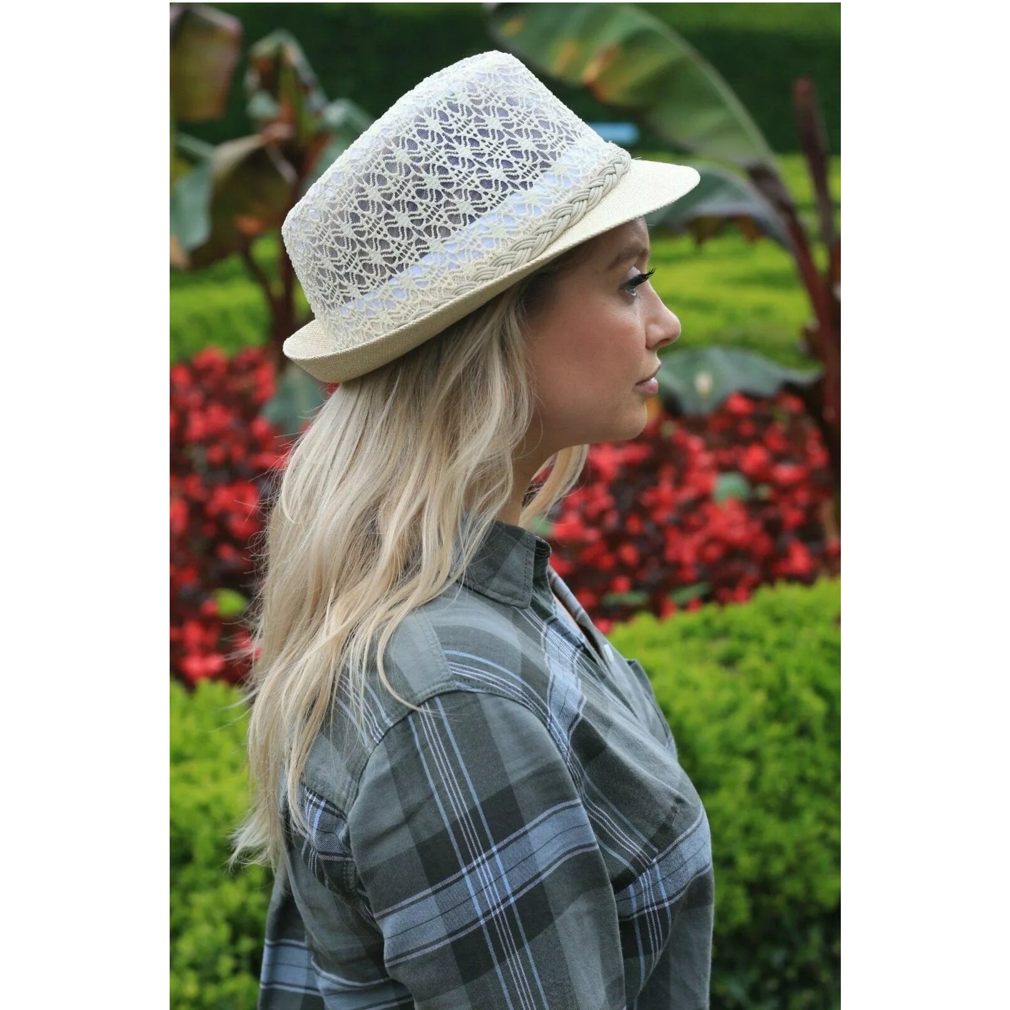 Ladies lace effect trilby sun hat in white with woven braid band and button detail